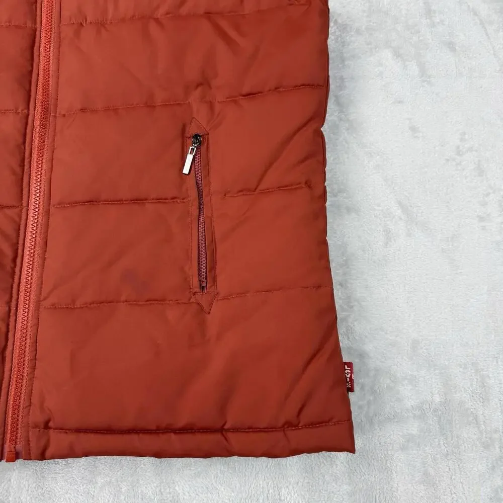 Levi’s Orange Puffer Vest Men Size L Vintage Style Full Zip Quilted Outdoor Y2K